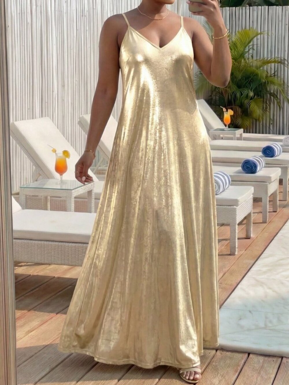 Gold Elegant Women's Plus Size Metallic Slip Dress